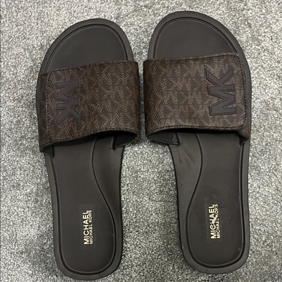 Michael Kors Shoes - Michael Kors Dark Brown Logo Slide Sandals